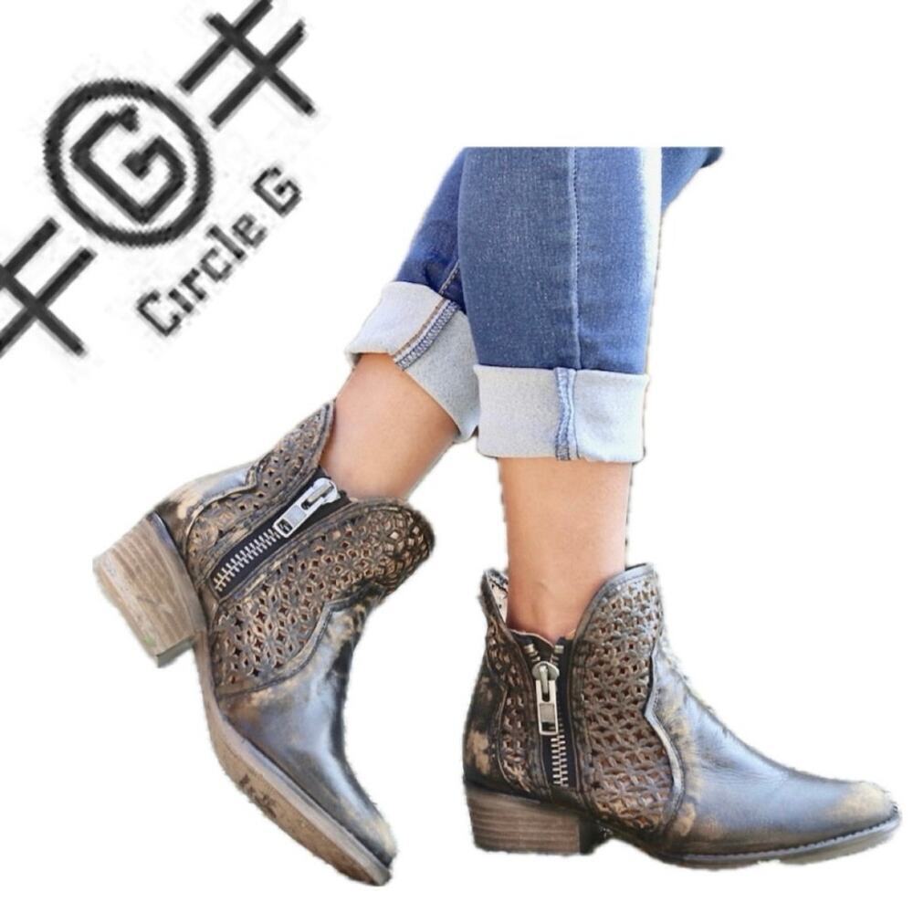 CIRCLE G BOOTS SHORT WESTERN CUTOUT SHORTIE DISTRESSED DOUBLE ZIPPERS SZ 8 Q5019